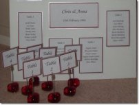 Anna and Chris had purchased their printed invitations from a shop. They realised they could not purchase a table plan to match. I took the copies of the invitations they sent me and made a table plan to coordinate with the colours of their invitation and incoporated the rose design. Table names were created and placed on red heart clip holders.